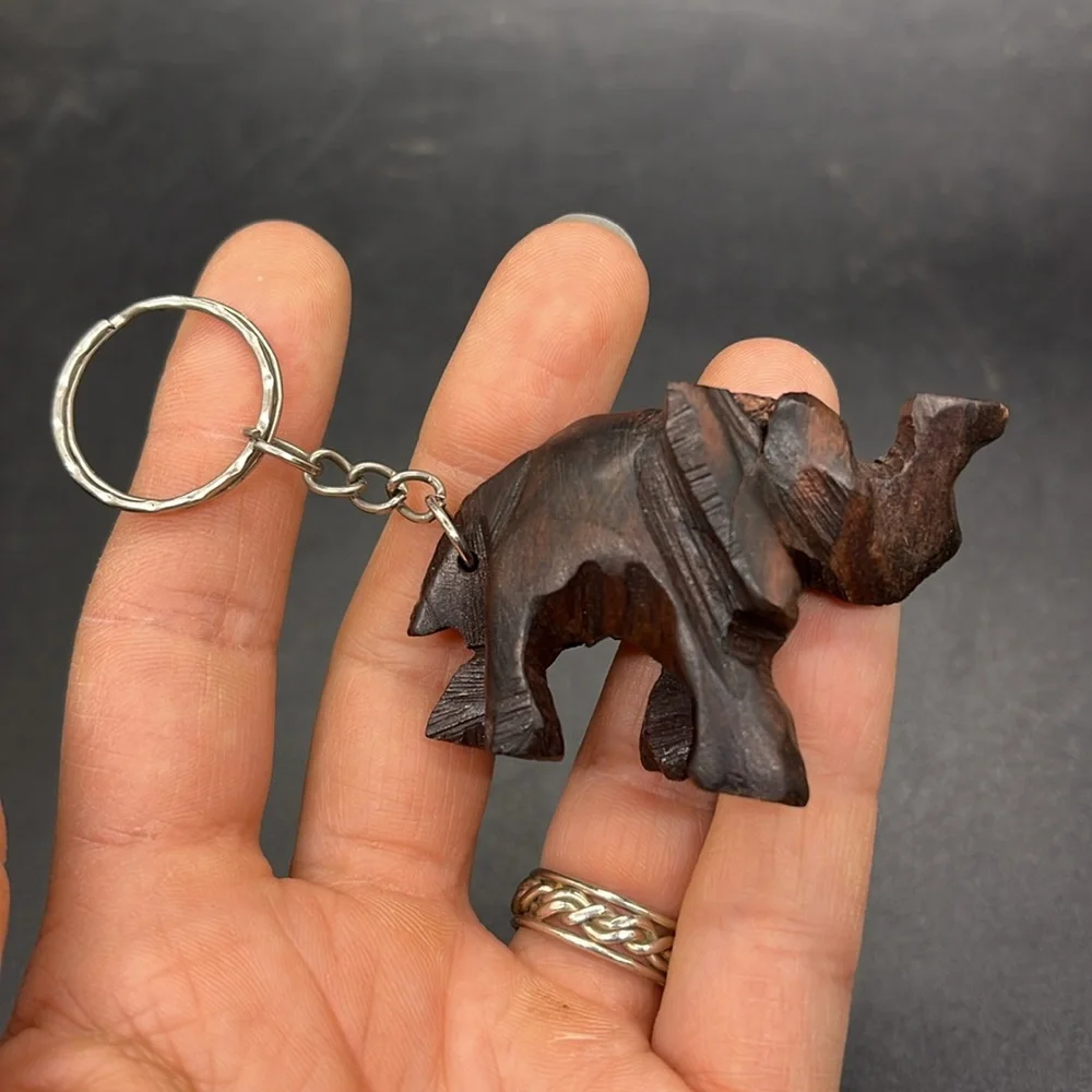 Hand-Carved Wooden Elephant Keychain - Dark Brown